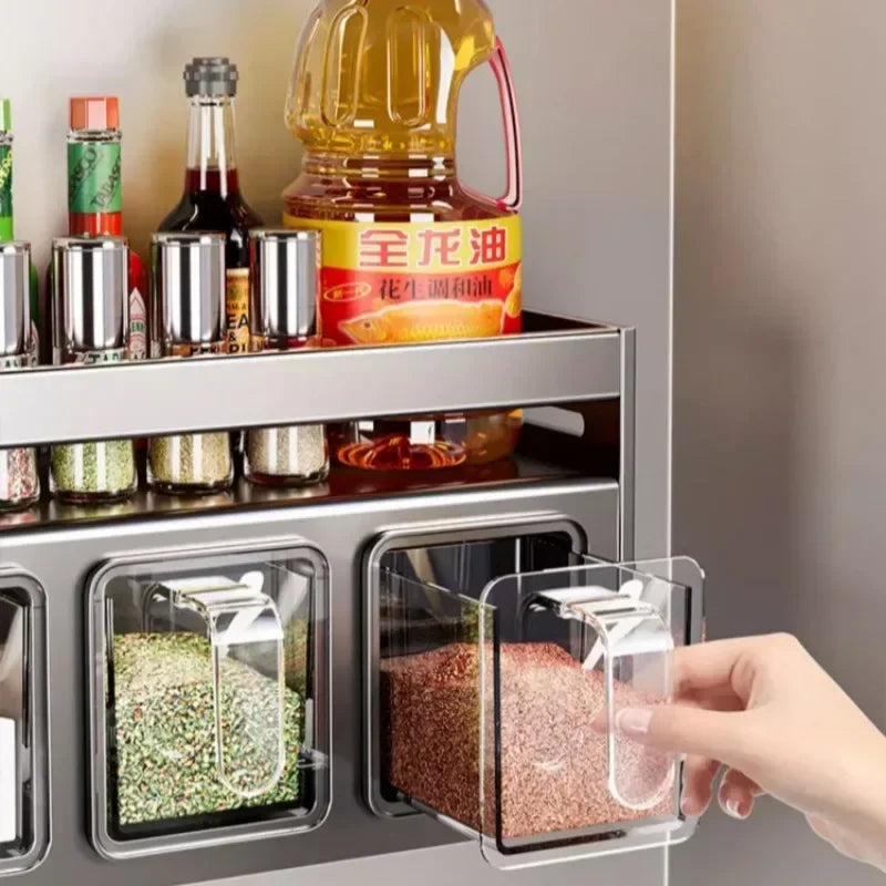 2025 multi-functional punch-free condiment storage rack set with seasoning boxes and spice jars for kitchen organization

