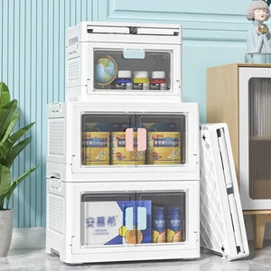 Foldable stackable storage bins with lids and transparent double doors for clothes, blankets, and travel organization

