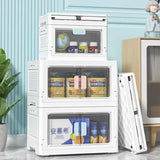 Foldable stackable storage bins with lids and transparent double doors for clothes, blankets, and travel organization

