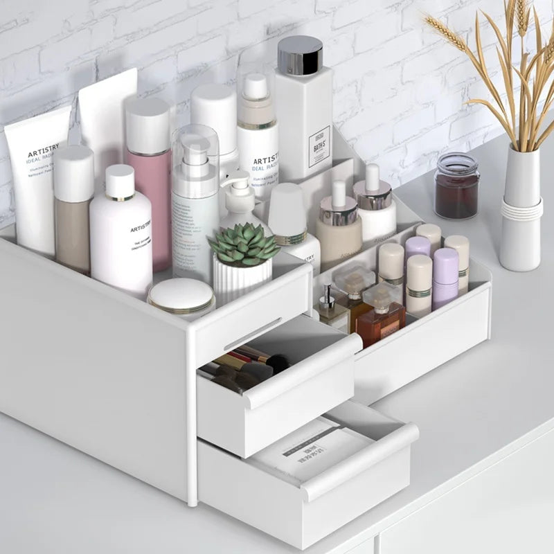 Large capacity cosmetic makeup organizer with drawers and house-style shelf for dressing table or vanity use


