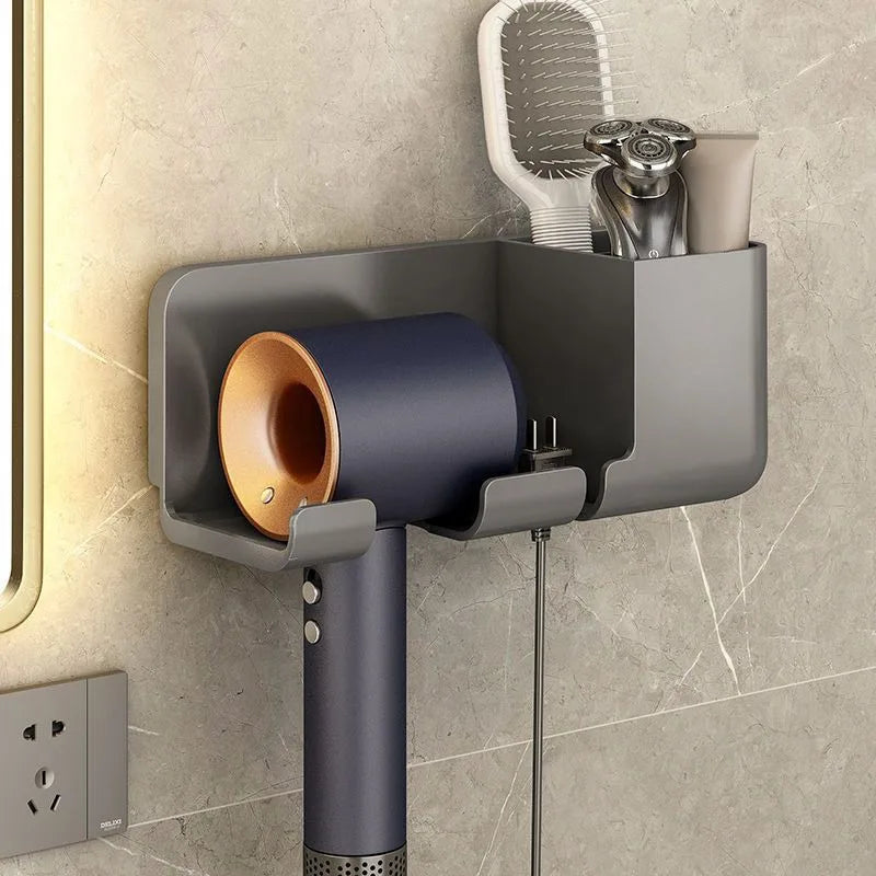 No-Drill Wall Hair Dryer Holder – Bathroom Shelf with Storage Box & Blower Stand

Wall-mounted no-drill plastic hair dryer holder with storage box for bathroom use

