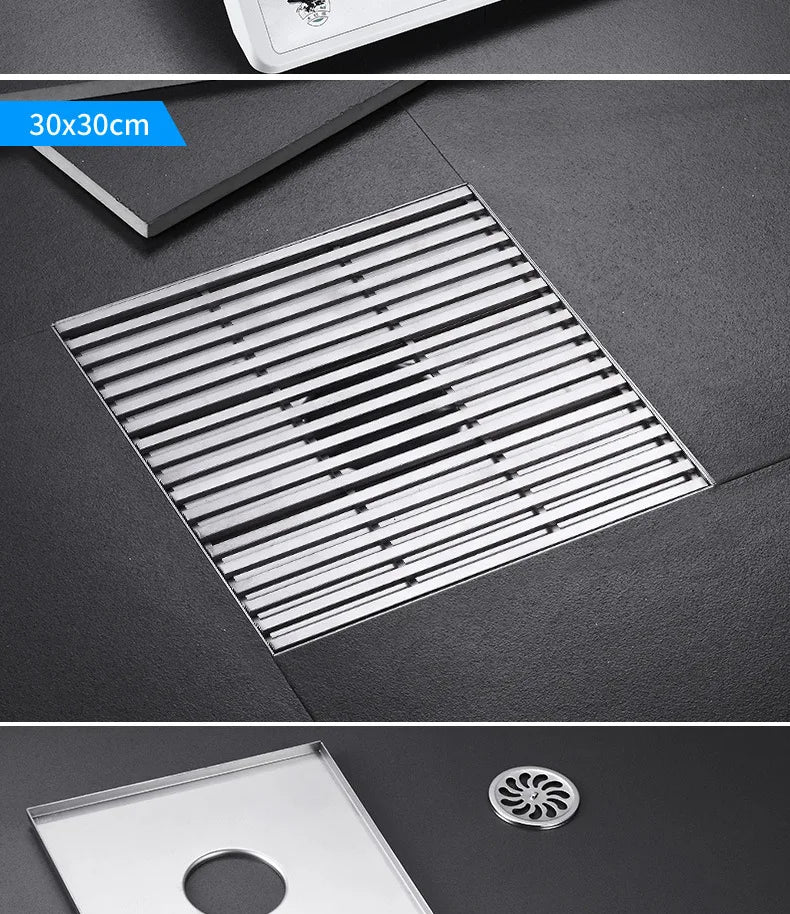 Large Floor Drain 304 Stainless Steel 12/15/20/30cm Square Linear Bathroom Floor Drains Outdoor Courtyard Large Diameter Drain
