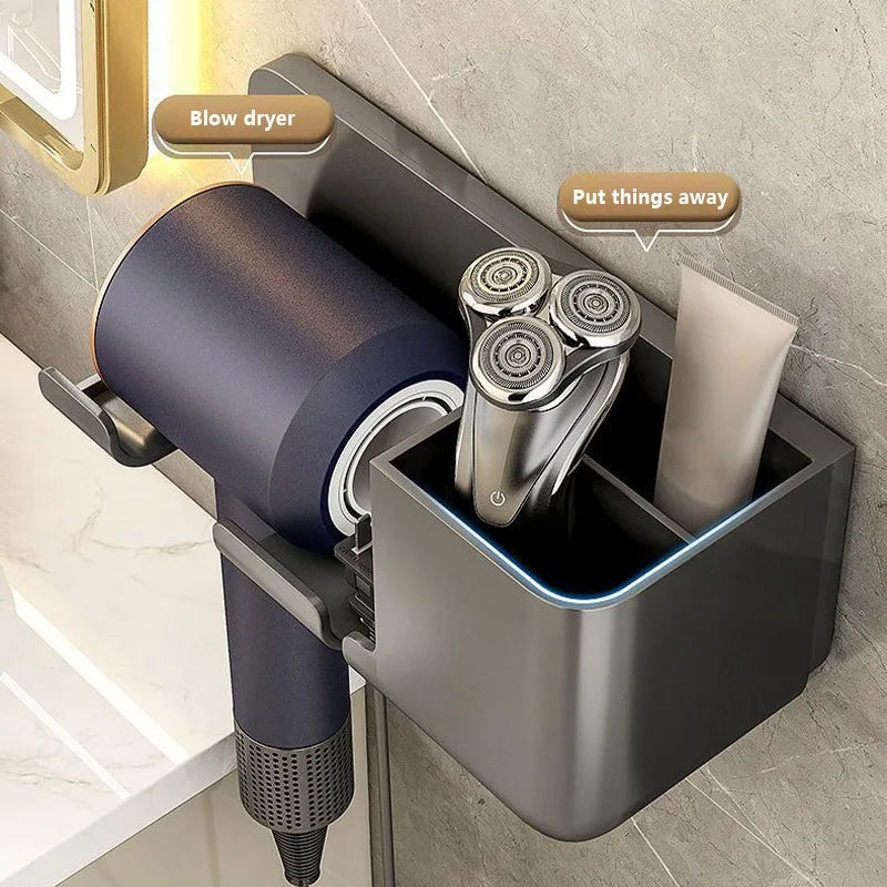 No-Drill Wall Hair Dryer Holder – Bathroom Shelf with Storage Box & Blower Stand