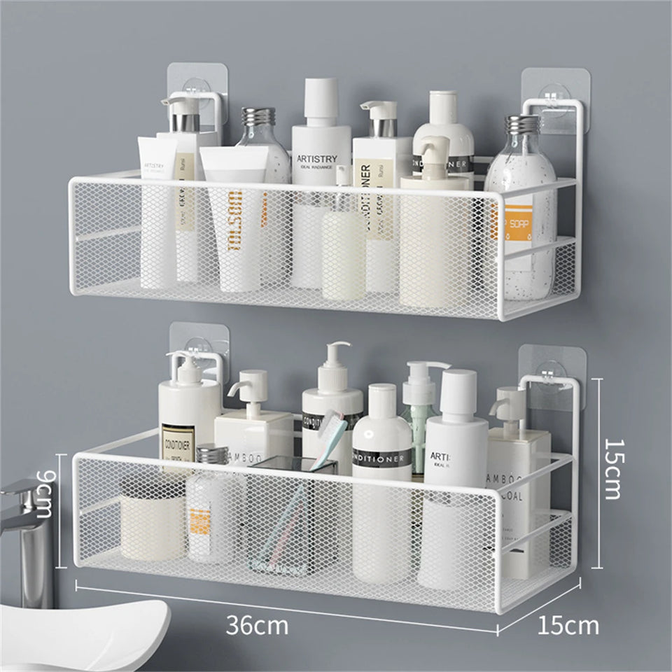 Punch-Free Bathroom Wall Storage Rack – Self-Adhesive Iron Mesh Shelf