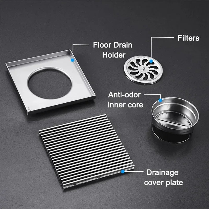 304 Stainless Steel Linear Floor Drain – Square Bathroom & Outdoor Courtyard Drain (12–30cm)