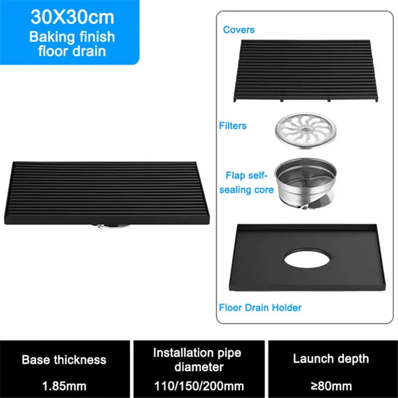 Large Floor Drain 304 Stainless Steel 12/15/20/30cm Square Linear Bathroom Floor Drains Outdoor Courtyard Large Diameter Drain
