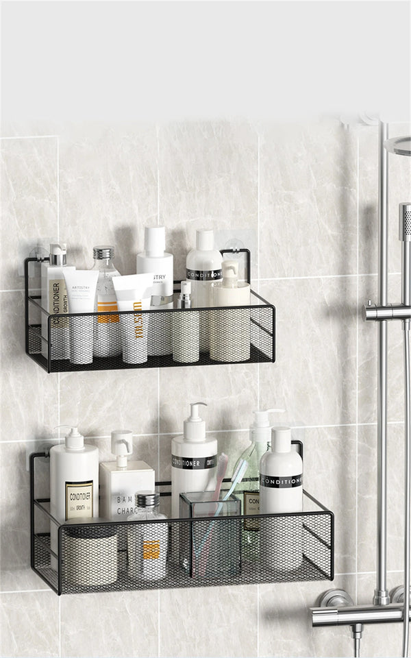 Punch-Free Bathroom Wall Storage Rack – Self-Adhesive Iron Mesh Shelf