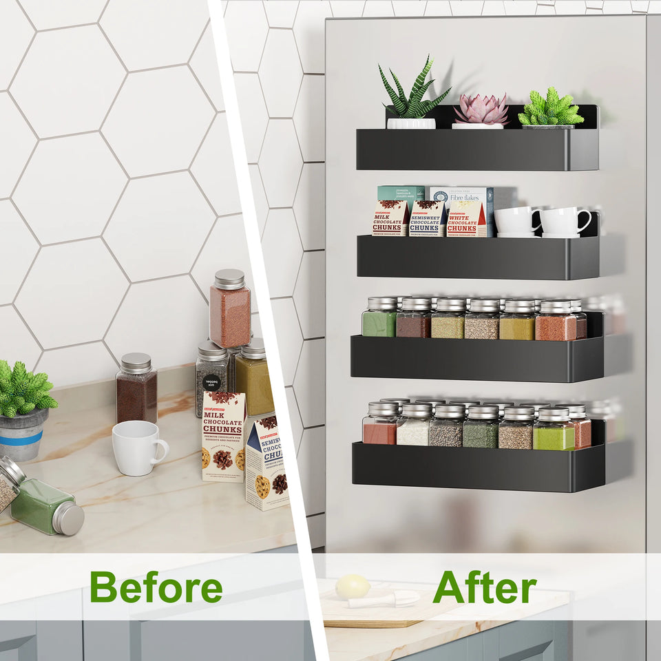 Magnetic Spice Rack Set – 4PCS Fridge Side Shelves & Cabinet Organizer for Kitchen