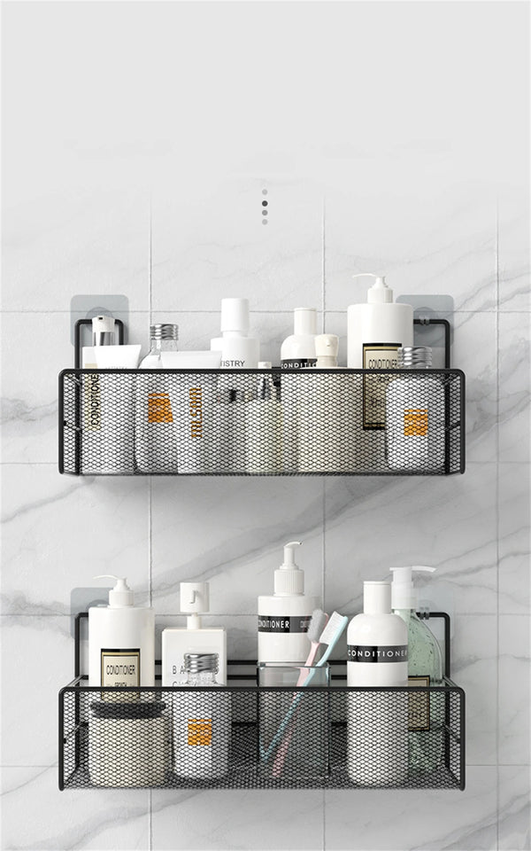 Punch-Free Bathroom Wall Storage Rack – Self-Adhesive Iron Mesh Shelf