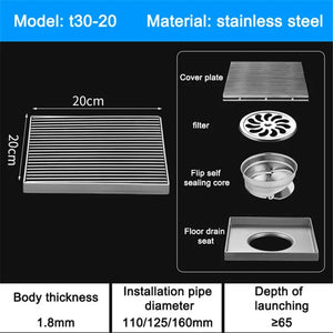 304 Stainless Steel Linear Floor Drain – Square Bathroom & Outdoor Courtyard Drain (12–30cm)