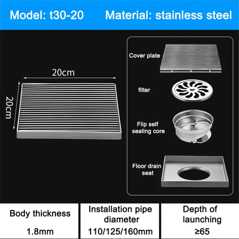 304 Stainless Steel Linear Floor Drain – Square Bathroom & Outdoor Courtyard Drain (12–30cm)