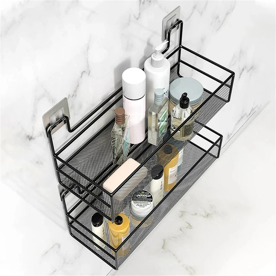 Punch-Free Bathroom Wall Storage Rack – Self-Adhesive Iron Mesh Shelf