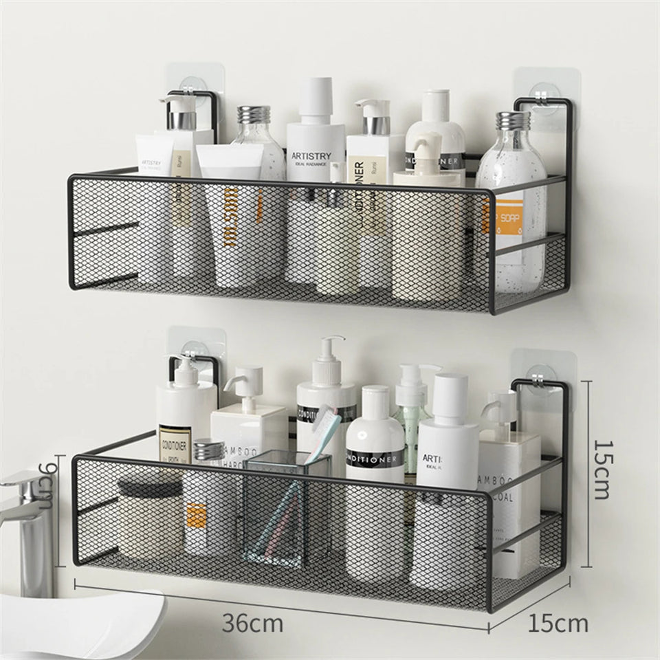 Punch-Free Bathroom Wall Storage Rack – Self-Adhesive Iron Mesh Shelf