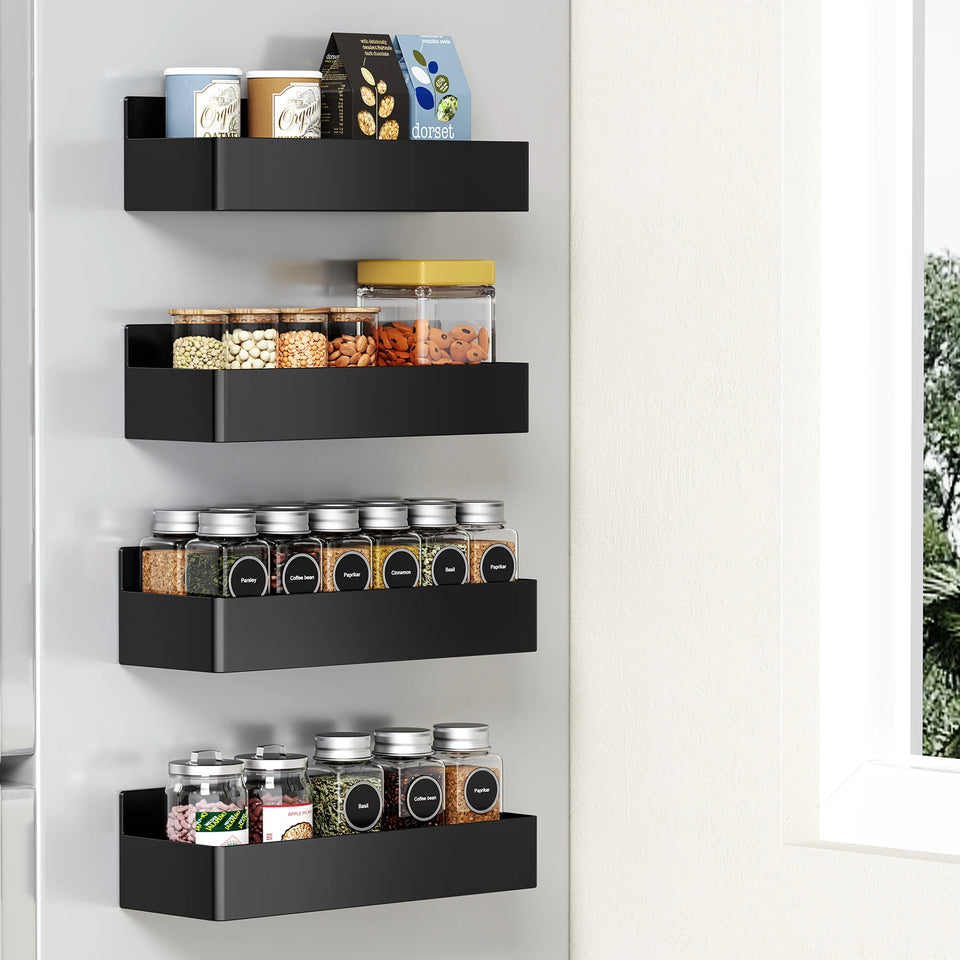 Magnetic Spice Rack Set – 4PCS Fridge Side Shelves & Cabinet Organizer for Kitchen

4PCS black magnetic spice racks attached to refrigerator side for organizing spices and kitchen items

