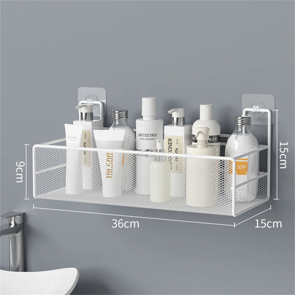 Punch-Free Bathroom Wall Storage Rack – Self-Adhesive Iron Mesh Shelf