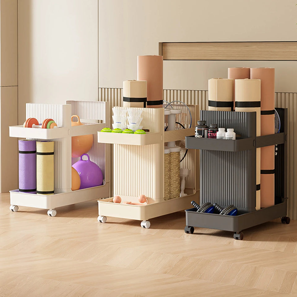 Yoga Mat & Sports Equipment Storage Rack with Wheels – Home Gym Organizer Basket