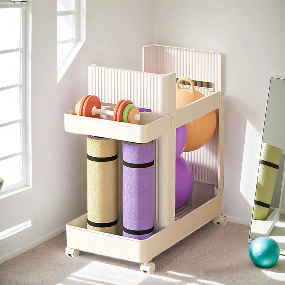 Yoga Mat & Sports Equipment Storage Rack with Wheels – Home Gym Organizer Basket