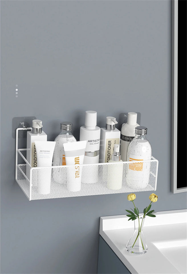 Punch-Free Bathroom Wall Storage Rack – Self-Adhesive Iron Mesh Shelf