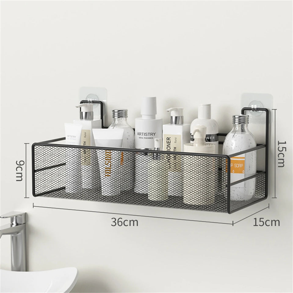 Punch-Free Bathroom Wall Storage Rack – Self-Adhesive Iron Mesh Shelf