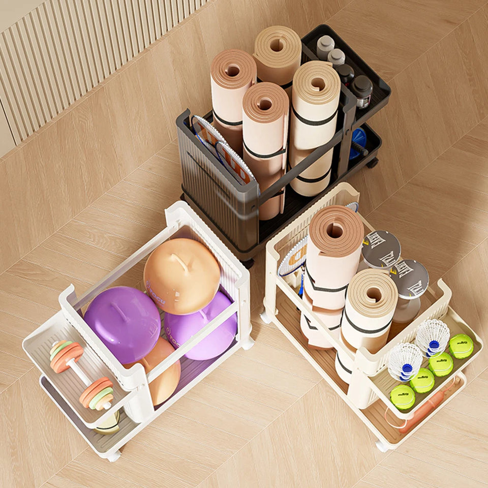 Yoga Mat & Sports Equipment Storage Rack with Wheels – Home Gym Organizer Basket