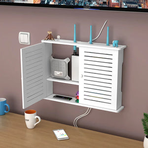 Wireless WiFi router storage box, wall-mounted plug board bracket and cable organizer for home décor and living room

