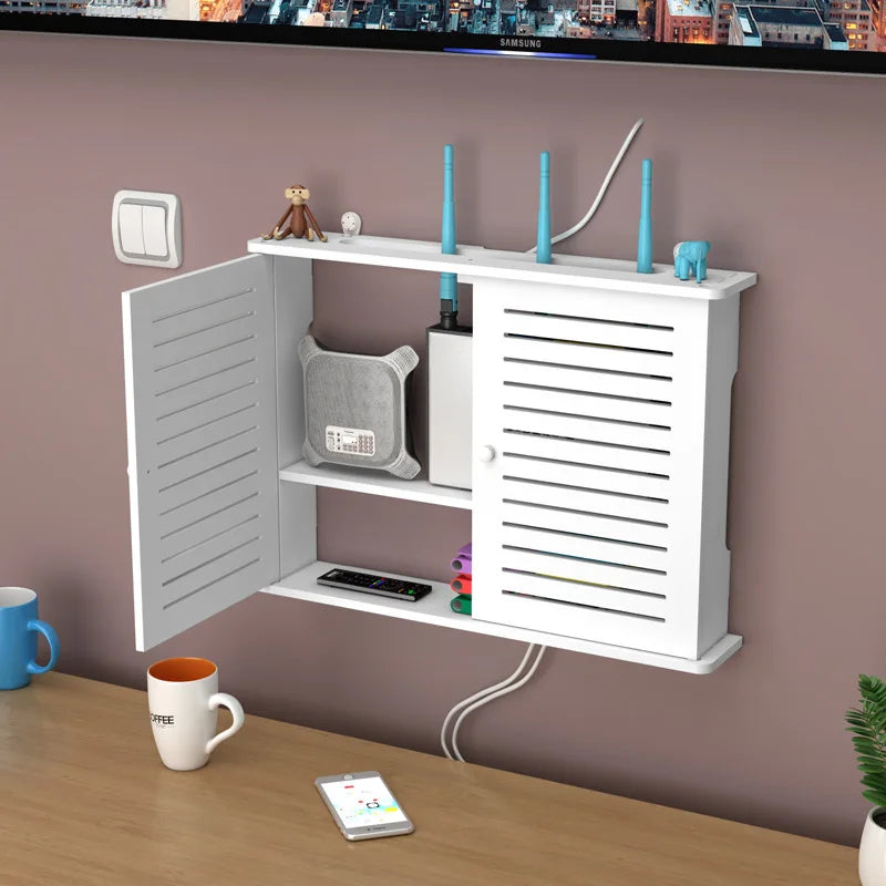 Wireless WiFi router storage box, wall-mounted plug board bracket and cable organizer for home décor and living room

