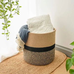 Woven Cotton Rope Storage Basket for Home & Nursery

Handmade woven cotton rope basket used for toy, plant, and blanket storage in home or nursery decor

