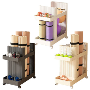 Rolling yoga mat and sports equipment storage rack with metal frame and wheels for home gym organization

